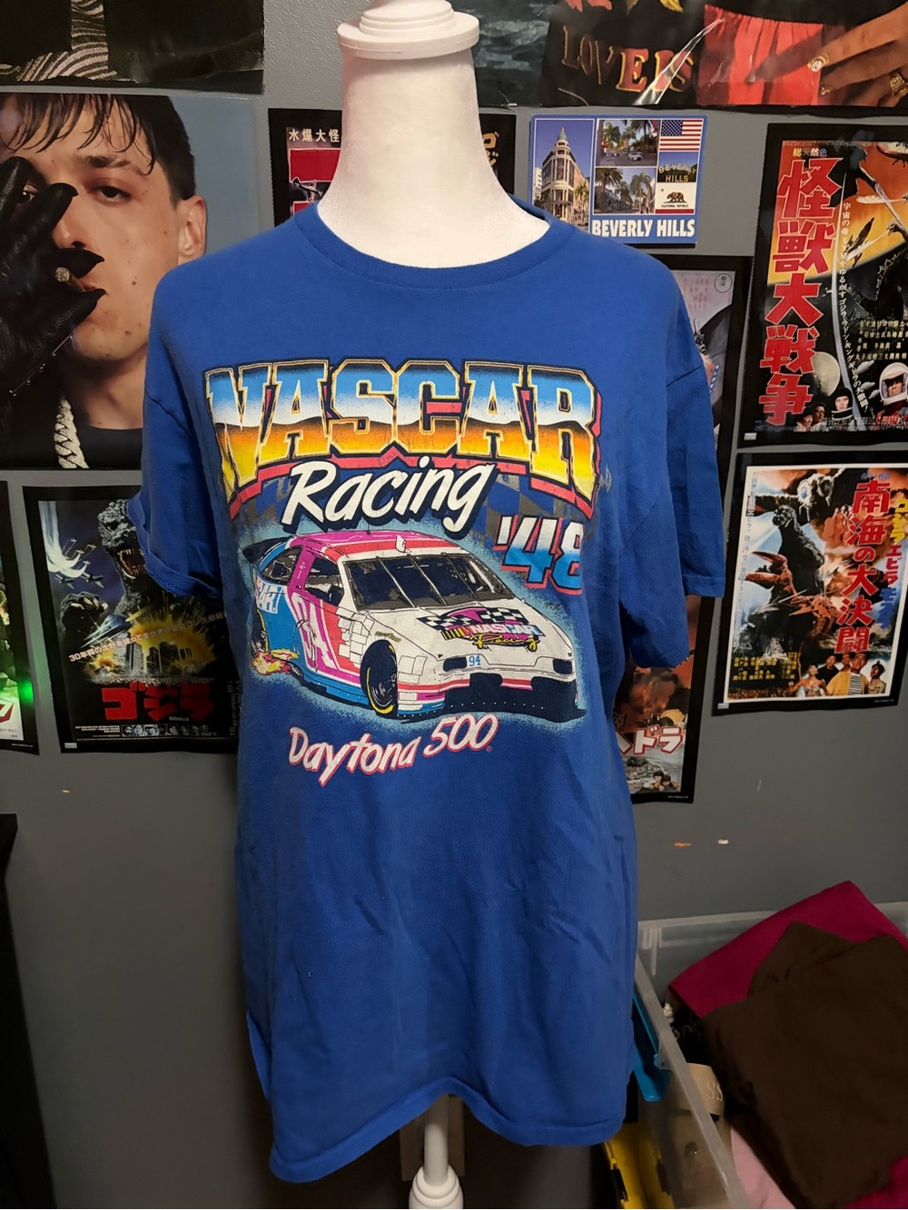 Nascar Blue Daytona 500 Racing Graphic Tee with Pink & Yellow Accents